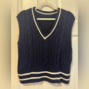 Navy Blue Cable Knit Varsity Sweater Vest - Size Medium
